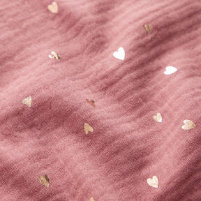 Musselina/ Tecido plissado duplo Corações Estampado prateado – rosa-velho escuro/ouro metálico, 