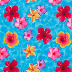 Tecido para fatos de banho Flores do Havai – azul/rosa intenso, 