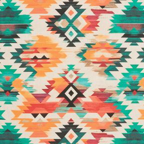 Tecido para decoração Meio linho Panamá Estampado étnico abstrato – bege claro/verde esmeralda, 