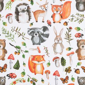Tecido para decoração Meio linho Panamá Animais da floresta pintados – branco, 
