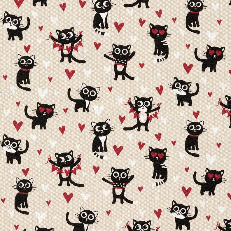 Tecido para decoração Meio linho Panamá Gatos apaixonados – natural/vermelho,  image number 1
