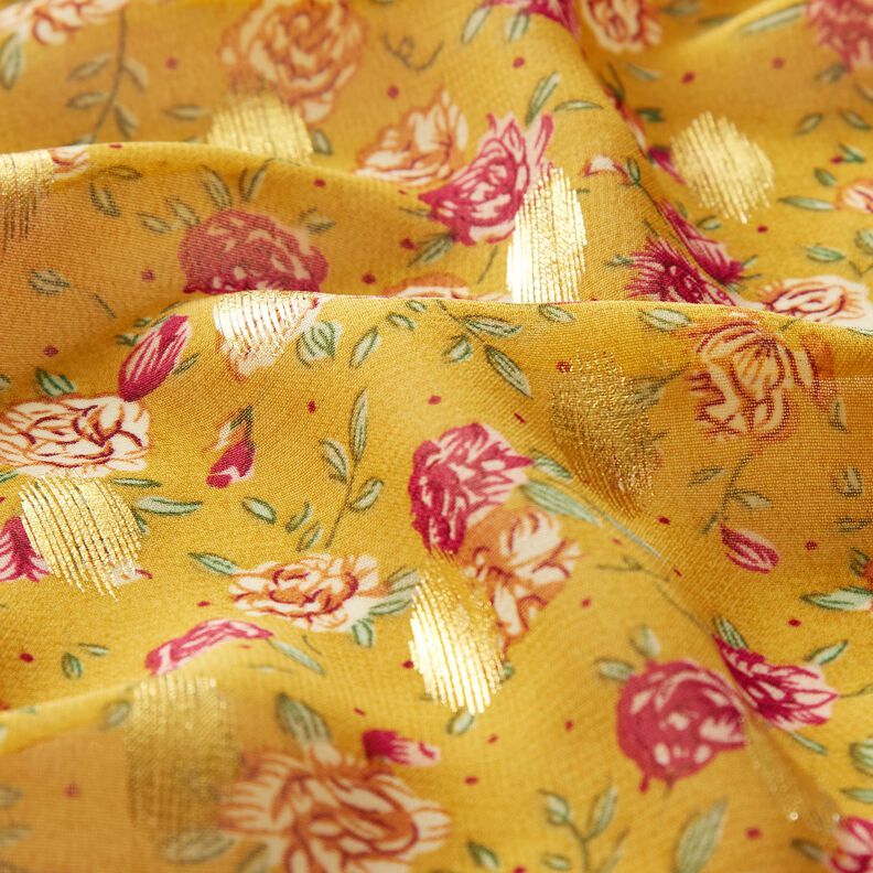 Crepe Chiffon Flores e pintas douradas – amarelo-caril,  image number 2