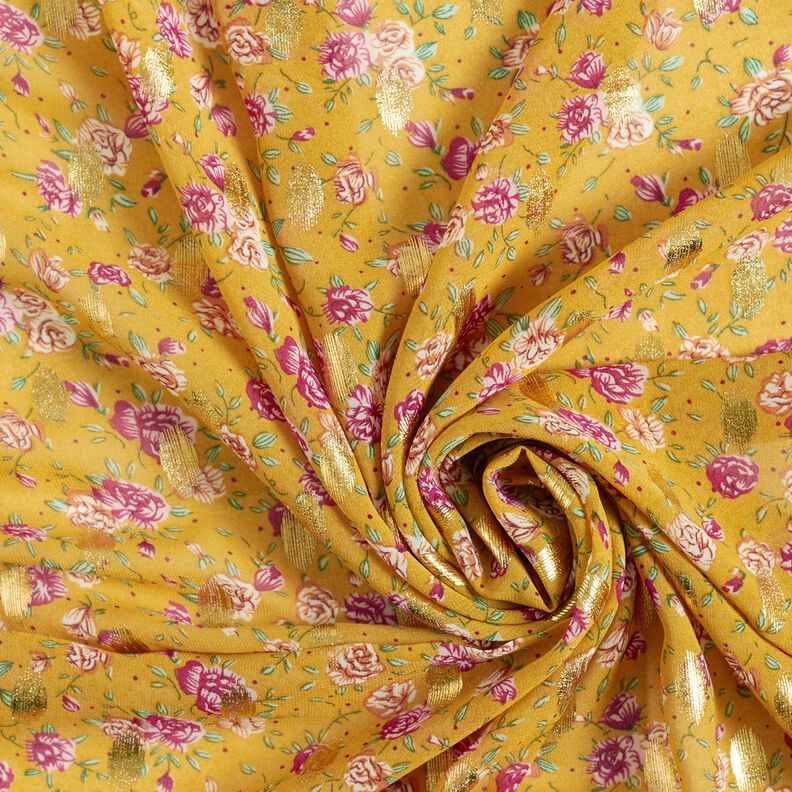 Crepe Chiffon Flores e pintas douradas – amarelo-caril,  image number 3