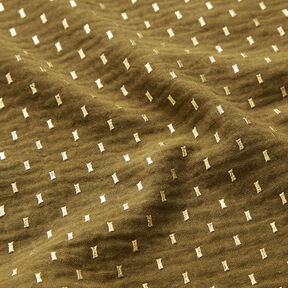 Musselina/ Tecido plissado duplo Estampado prateado Quadrados – oliva escura/dourado | Retalho 70cm, 