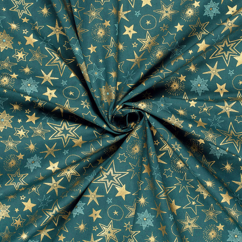 Tecido de algodão Popelina Estrelas grandes – pinheiro azul/dourado,  image number 3