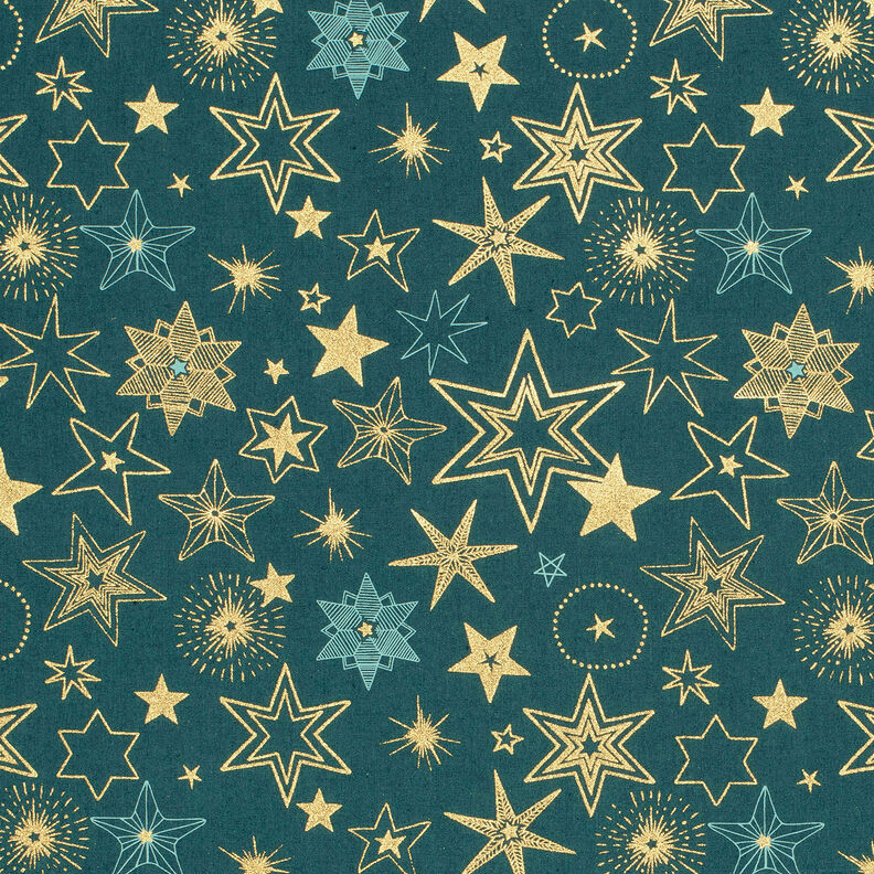 Tecido de algodão Popelina Estrelas grandes – pinheiro azul/dourado,  image number 1