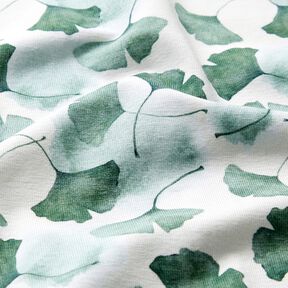 GOTS Jersey de algodão Gingko Impressão digital – branco/eucalipto, 