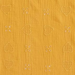 Musselina/ Tecido plissado duplo Bordado inglês Corações – amarelo-caril, 